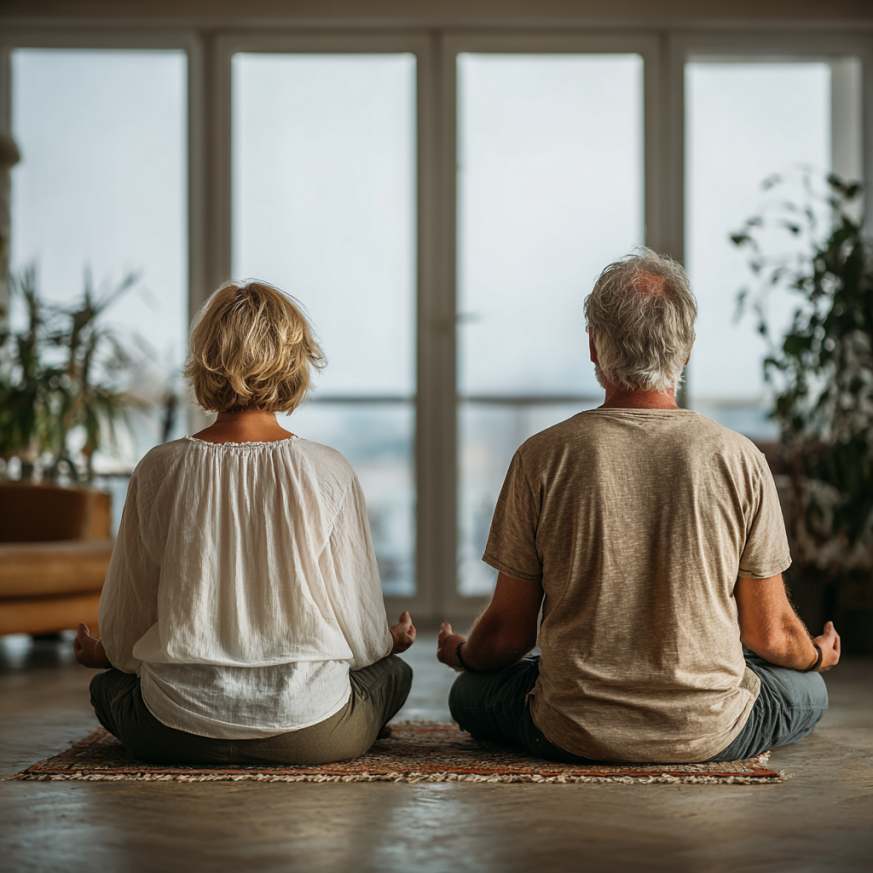 Інструктор проводить заняття йогою для старших людей